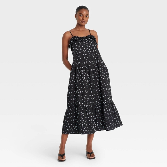 Who What Wear Dresses & Skirts - SOLD - Who What Wear Tiered Spaghetti Strap Floral Black Midi Dress with Pockets